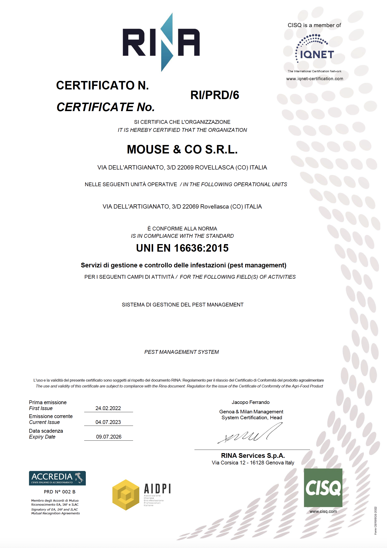 Certificato UNI EN 16636-2015